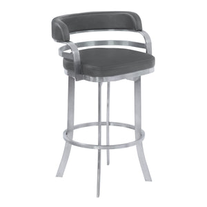 Prinz 26" Counter Height Swivel Grey Faux Leather and Brushed Stainless Steel Bar Stool