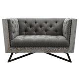 Regis Contemporary Chair in Gray Fabric with Black Metal Finish Legs and Antique Brown Nailhead Accents