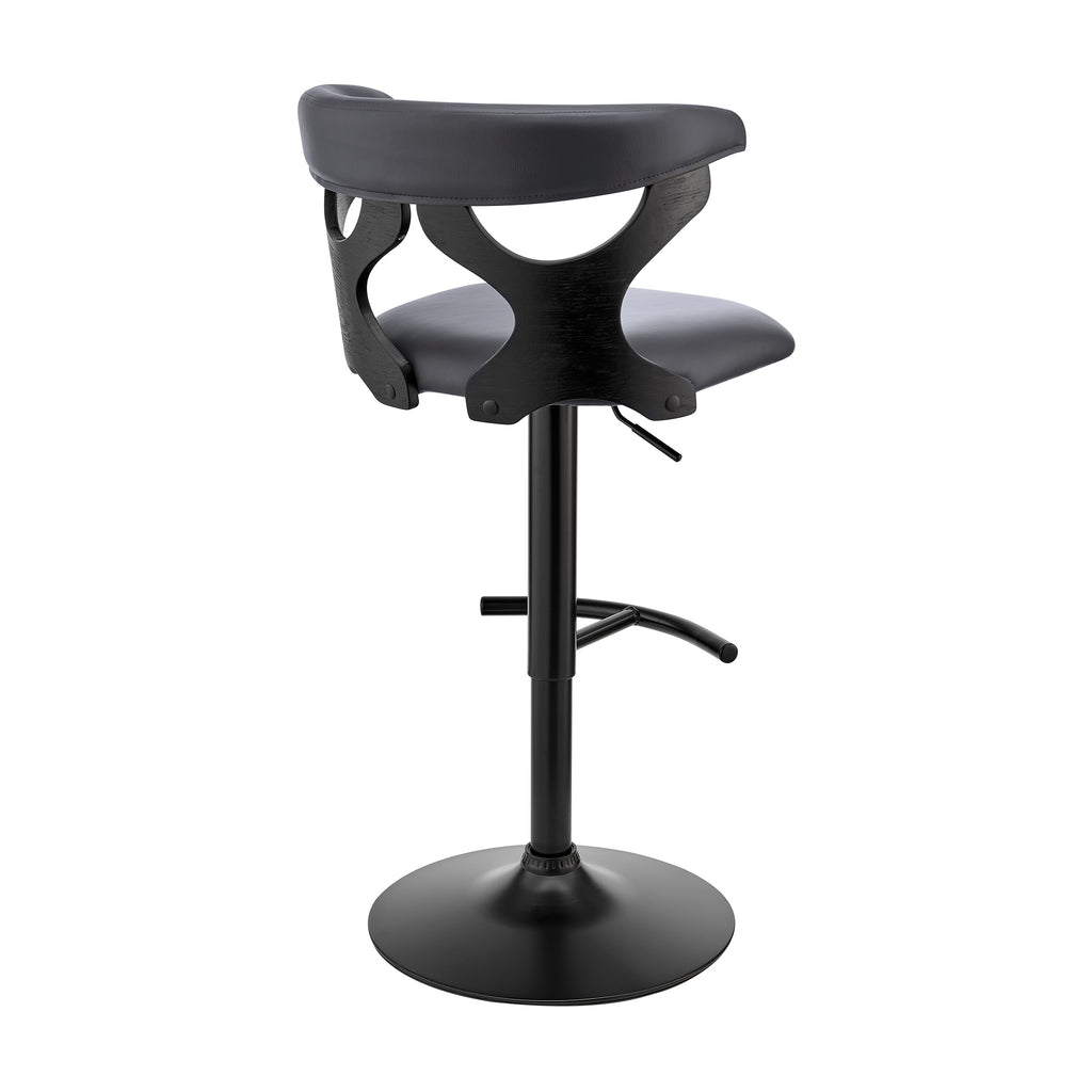 Ruth Adjustable Swivel Grey Faux Leather and Black Wood Bar Stool with Black Base
