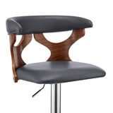 Ruth Adjustable Swivel Grey Faux Leather and Walnut Wood Bar Stool with Chrome Base