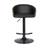 Solstice Adjustable Black Faux Leather Swivel Barrstool With Black Powder Coated Finish and Gold Accents