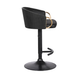 Solstice Adjustable Black Faux Leather Swivel Barrstool With Black Powder Coated Finish and Gold Accents