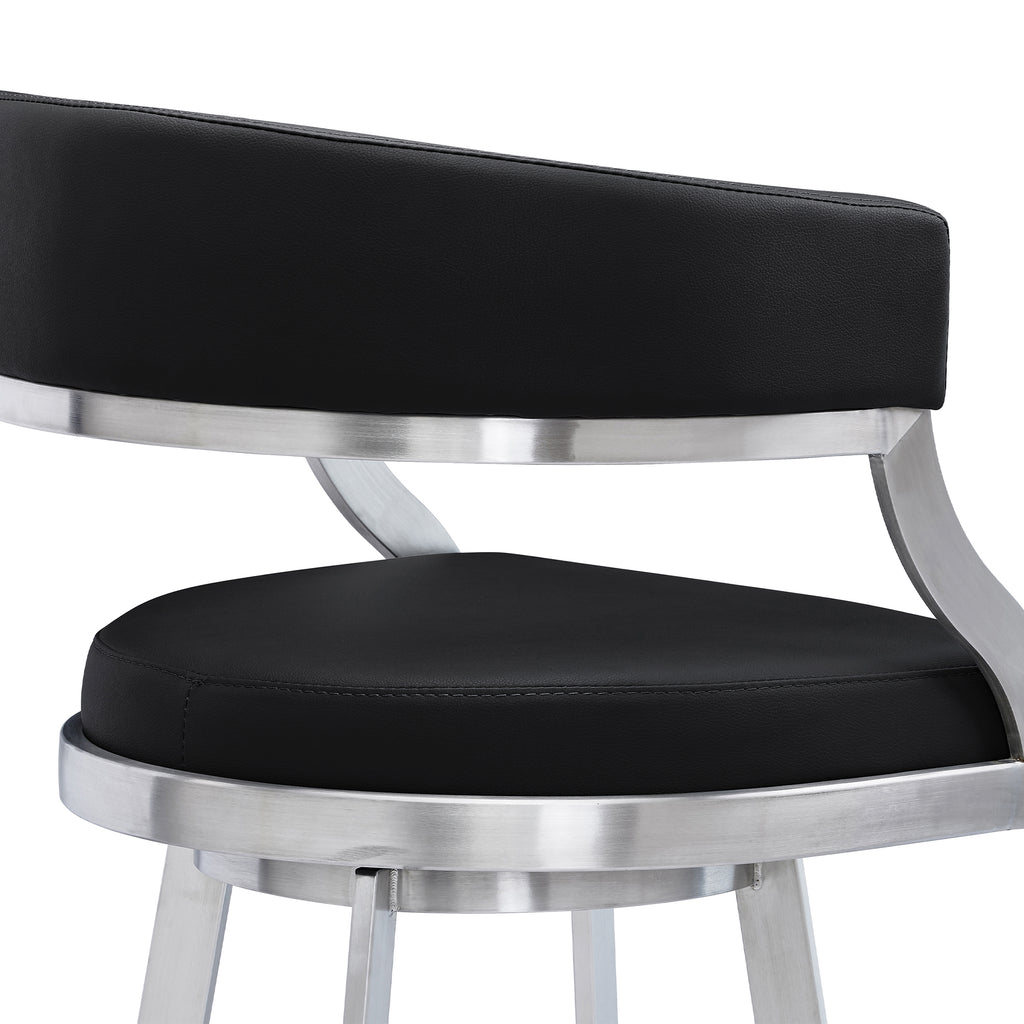 Saturn 30" Bar Height Swivel Black Faux Leather and Brushed Stainless Steel Bar Stool