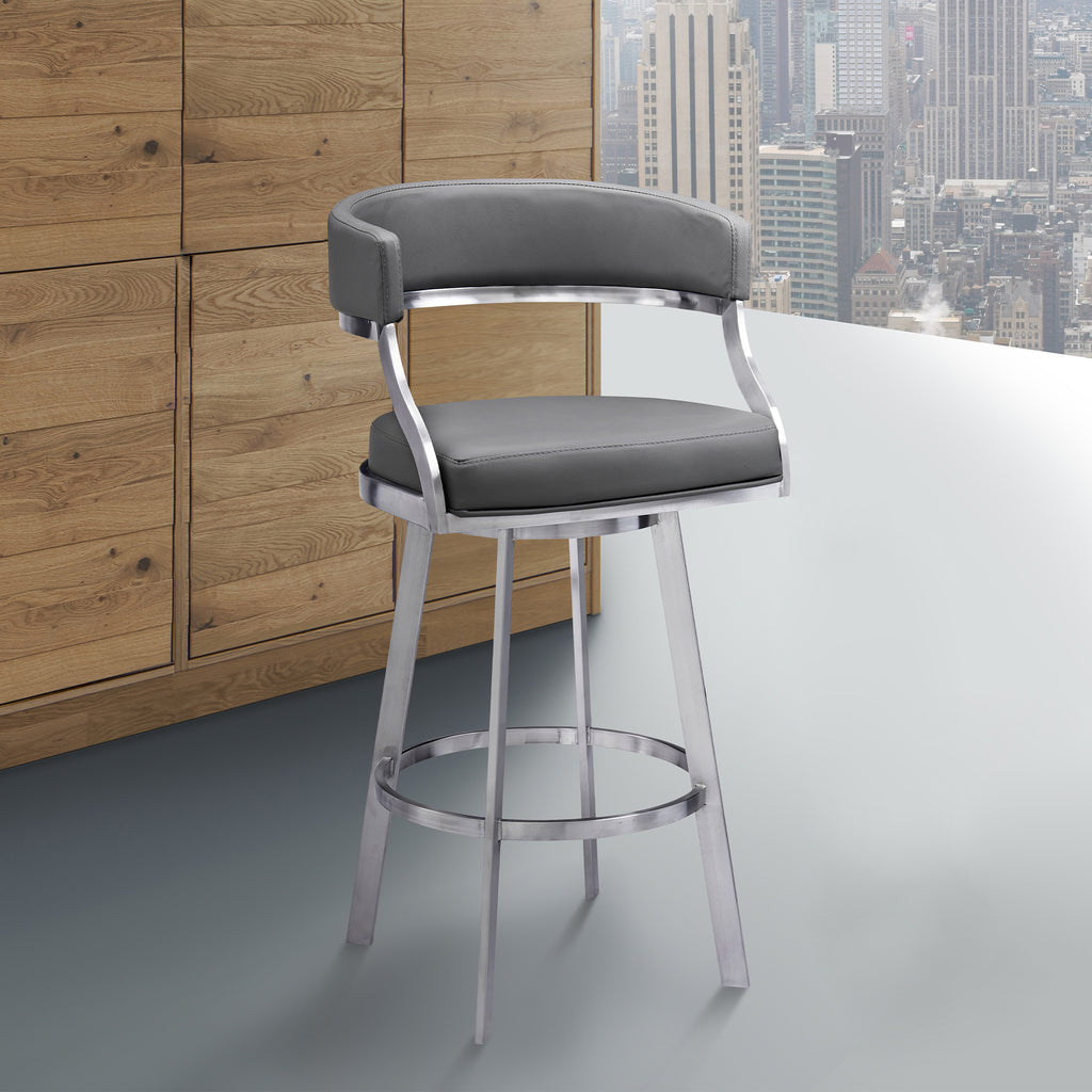Saturn 26" Counter Height Swivel Grey Faux Leather and Brushed Stainless Steel Bar Stool