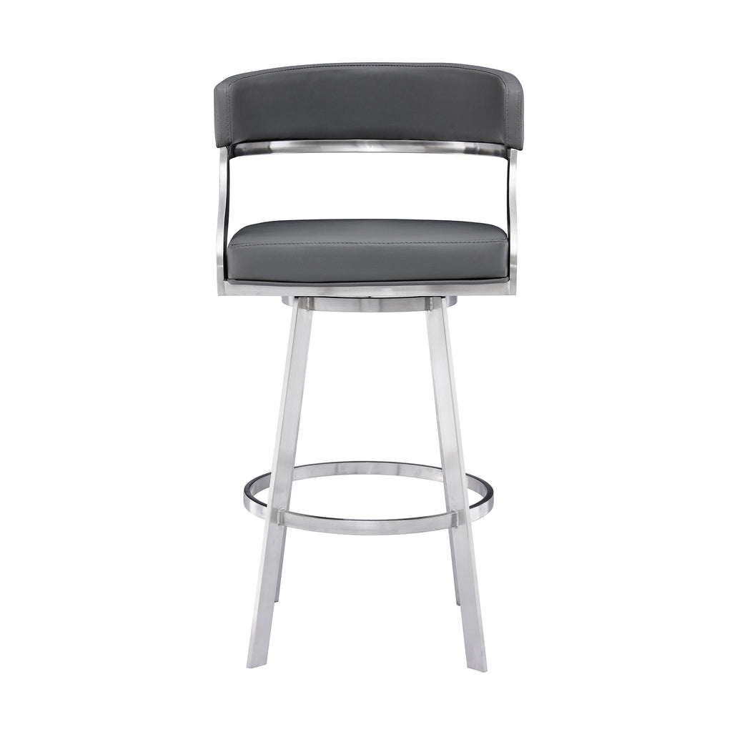 Saturn 30" Bar Height Swivel Grey Faux Leather and Brushed Stainless Steel Bar Stool