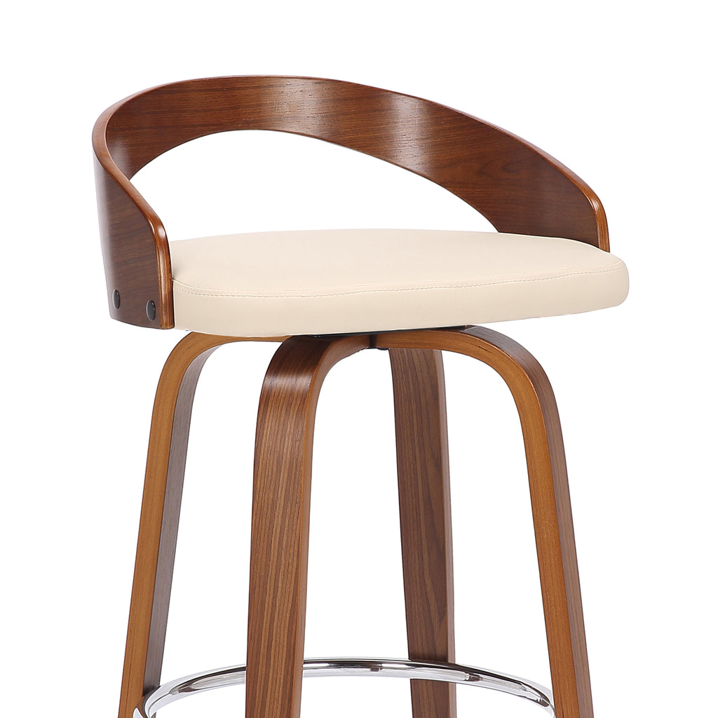 Sonia 26" Counter Height Swivel Cream Faux Leather and Walnut Wood Bar Stool