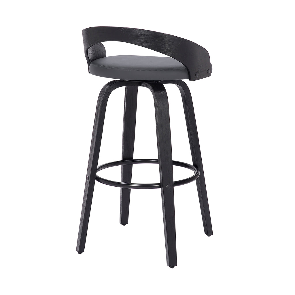 Sonia 30" Bar Height Swivel Grey Faux Leather and Black Wood Bar Stool