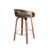 Sonia 26" Counter Height Swivel Grey Faux Leather and Walnut Wood Bar Stool