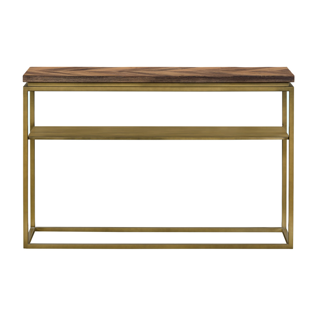 Faye Rustic Brown Wood Console Table with Shelf and Antique Brass Metal Base