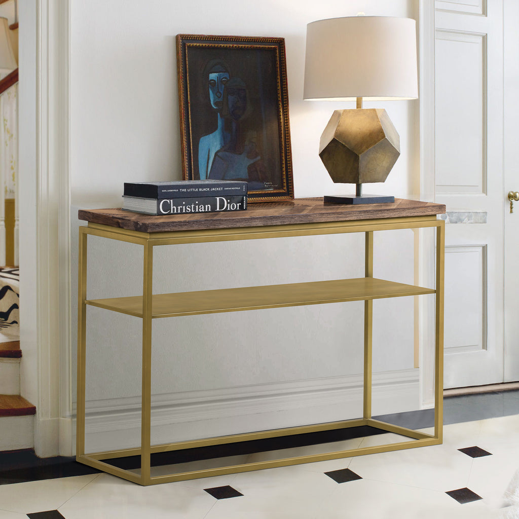 Faye Rustic Brown Wood Console Table with Shelf and Antique Brass Metal Base
