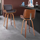 Tyler 30" Bar Height Swivel Brown Faux Leather and Walnut Wood Bar Stool