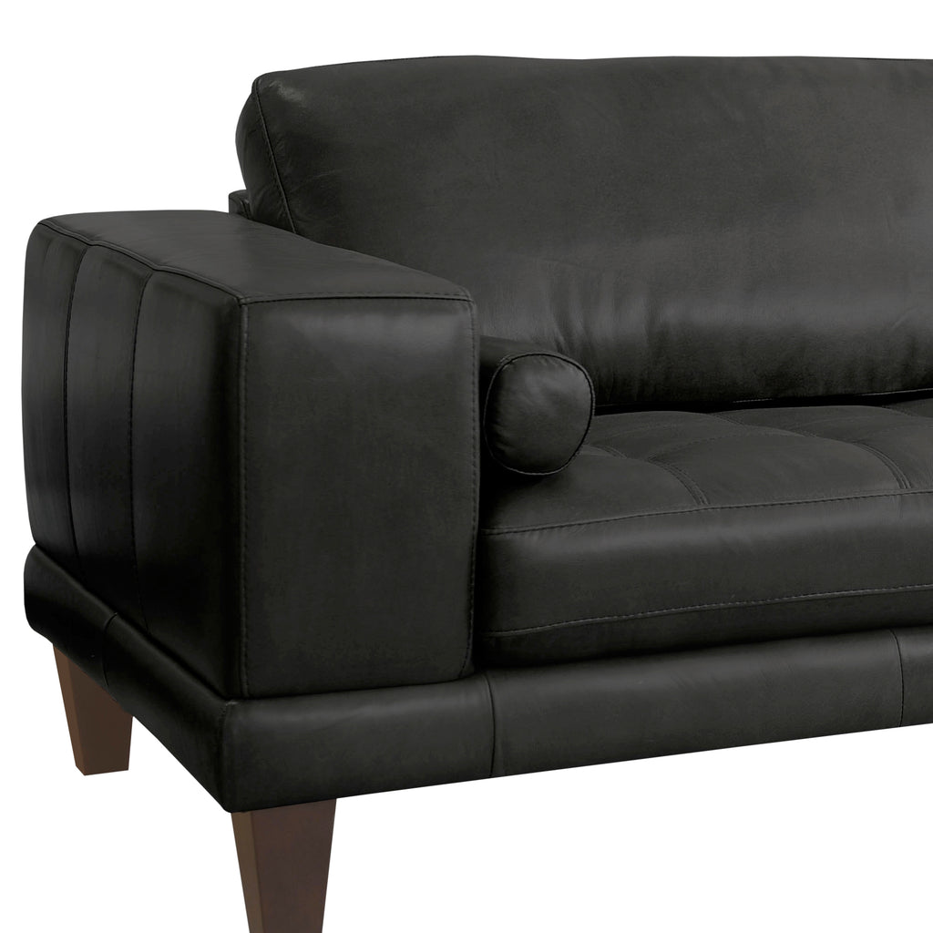 Wynne Contemporary Sofa in Genuine Black Leather with Brown Wood Legs