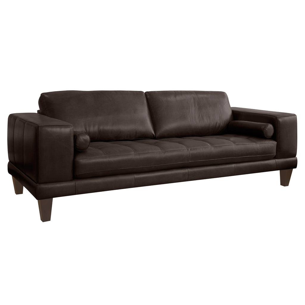 Wynne Contemporary Sofa in Genuine Espresso Leather with Brown Wood Legs