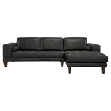 Wynne Contemporary Sectional in Genuine Black Leather with Brown Wood Legs