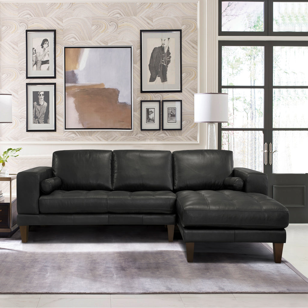 Wynne Contemporary Sectional in Genuine Black Leather with Brown Wood Legs