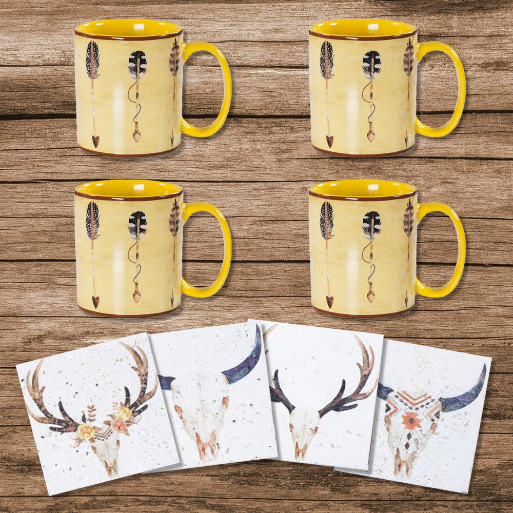 HiEnd Accents Large Arrow Bohemian Mug & Desert Skull Coaster Set LF1753K1 Yellow, White Mug: Ceramic; Coaster: Natural Travertine stone with cork backing 