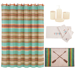 HiEnd Accents Serape Southwestern Bathroom Sets LF1753  Materials: Shower Curtain: 100% polyester; Towel Set:  95% cotton/5% polyester; Bath Accessory Set: Ceramic; Bath Rug: 100% acrylic, latex backing. 