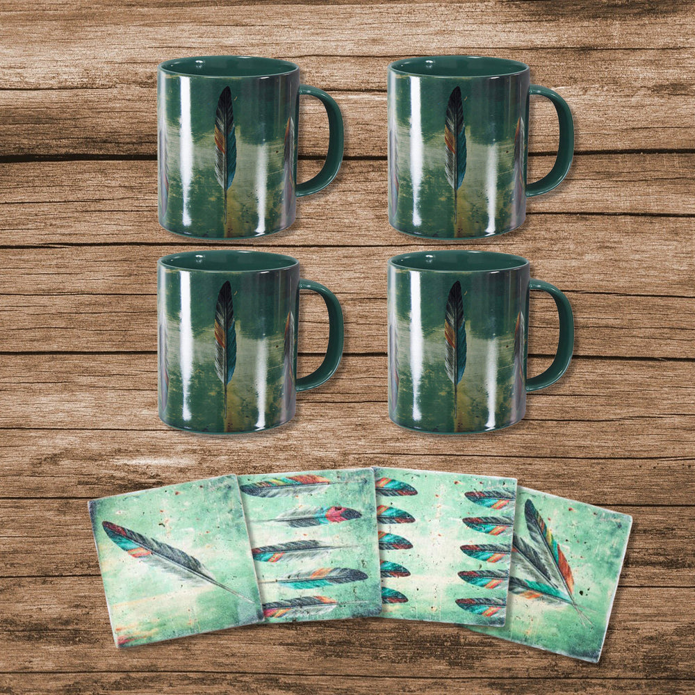 HiEnd Accents Tossed Feather Bohemian Mug & Coaster Set LF1754K1 Turquoise Mug: Ceramic; Coaster: Natural Travertine stone with cork backing 