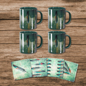 HiEnd Accents Tossed Feather Bohemian Mug & Coaster Set LF1754K1 Turquoise Mug: Ceramic; Coaster: Natural Travertine stone with cork backing 