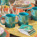 HiEnd Accents Tossed Feather Bohemian Mug & Coaster Set LF1754K1 Turquoise Mug: Ceramic; Coaster: Natural Travertine stone with cork backing 