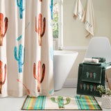 HiEnd Accents Cactus Bathroom Sets LF1756B2  Materials: Shower Curtain: 100% polyester, Bath Rug: 100% acrylic, latex backing. 