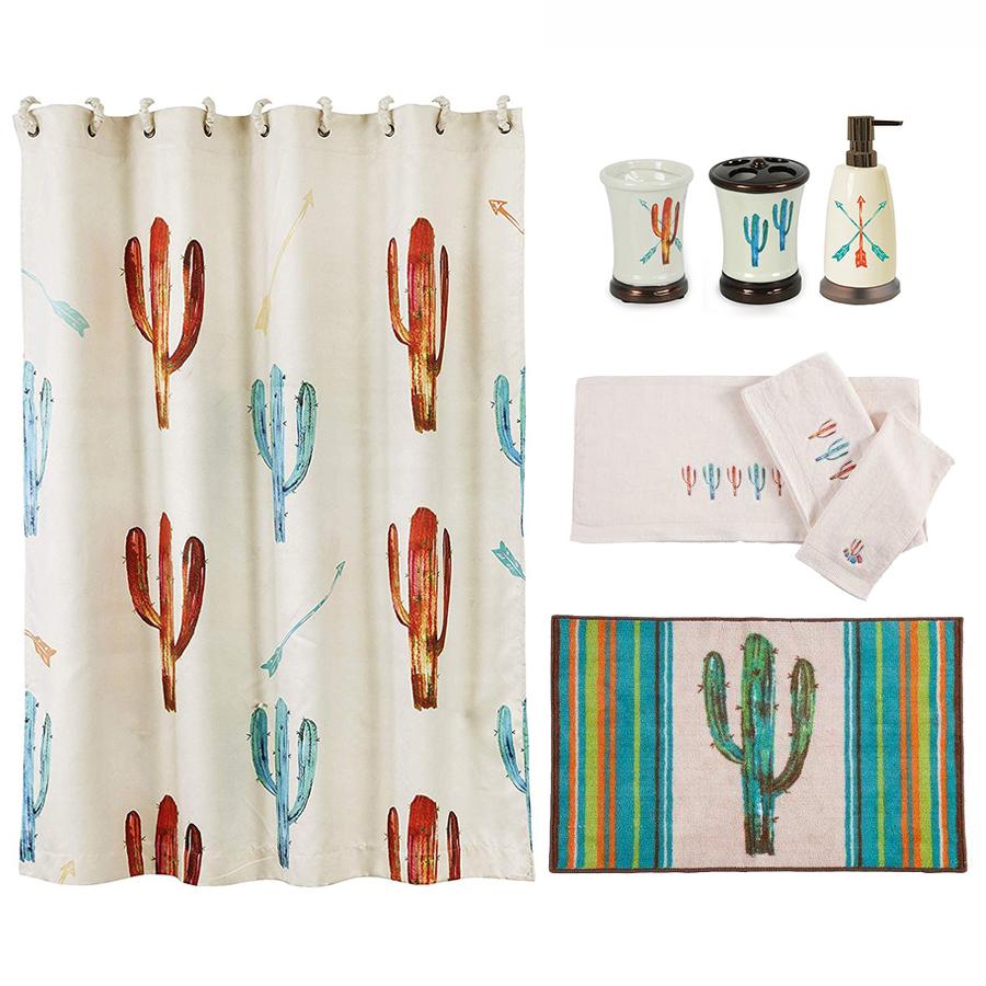 HiEnd Accents Cactus Bathroom Sets LF1756  Materials: Shower Curtain: 100% polyester; Towel Set:  95% cotton/5% polyester; Bath Accessory Set: Ceramic; Bath Rug: 100% acrylic, latex backing. 