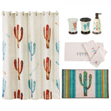 HiEnd Accents Cactus Bathroom Sets LF1756B2  Materials: Shower Curtain: 100% polyester, Bath Rug: 100% acrylic, latex backing. 