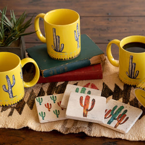 HiEnd Accents Cactus Mug & Coaster Set LF1756K1 Multi Color Mug: Ceramic; Coaster: Natural Travertine stone with cork backing 