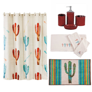 HiEnd Accents Cactus Bathroom Sets LF1756  Materials: Shower Curtain: 100% polyester; Towel Set:  95% cotton/5% polyester; Bath Accessory Set: Ceramic; Bath Rug: 100% acrylic, latex backing. 