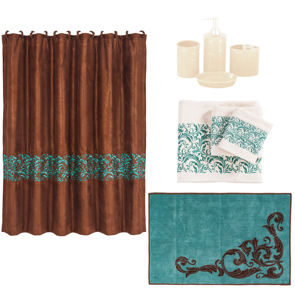 HiEnd Accents Wyatt Bathroom Sets LF1762  Shower Curtain: 100% polyester; Towel Set: 95% cotton, 5% polyester; Bath Accessory Set: Ceramic; Bath Rug: 100% acrylic with anti-slip latex backing. 
