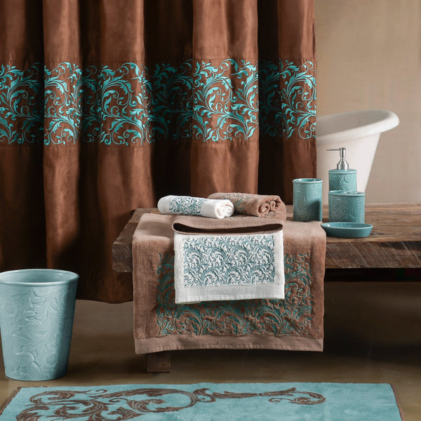 HiEnd Accents Wyatt Bathroom Sets LF1762  Shower Curtain: 100% polyester; Towel Set: 95% cotton, 5% polyester; Bath Accessory Set: Ceramic; Bath Rug: 100% acrylic with anti-slip latex backing. 