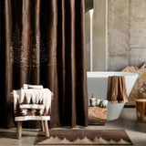 HiEnd Accents Clearwater Pines Bathroom Sets LF1763 Cream, Brown Shower Curtain - 100% polyester. Towel Set - 95% cotton, 5% polyester. Bath Accessory Set - Ceramic. Bath Rug - 100% acrylic with anti-slip latex backing. 