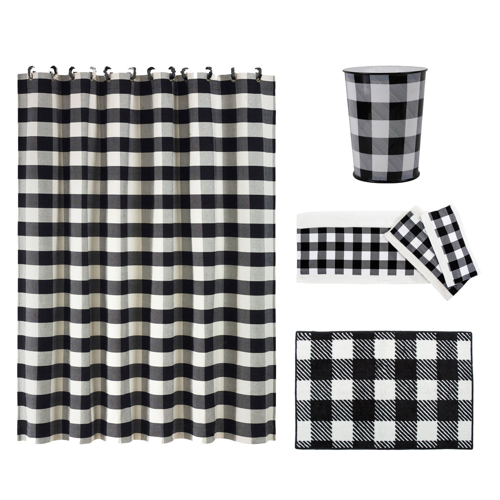 HiEnd Accents Camille Bathroom Sets LF1778 Black, White Materials: Shower Curtain: 100% Polyester; Bath Towel Set: 95% Cotton, 5% Polyester; Bath Rug: 100% Premium Acrylic with a Latex Backing. 