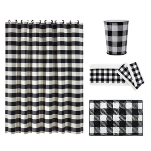 HiEnd Accents Camille Bathroom Sets LF1778 Black, White Materials: Shower Curtain: 100% Polyester; Bath Towel Set: 95% Cotton, 5% Polyester; Bath Rug: 100% Premium Acrylic with a Latex Backing. 