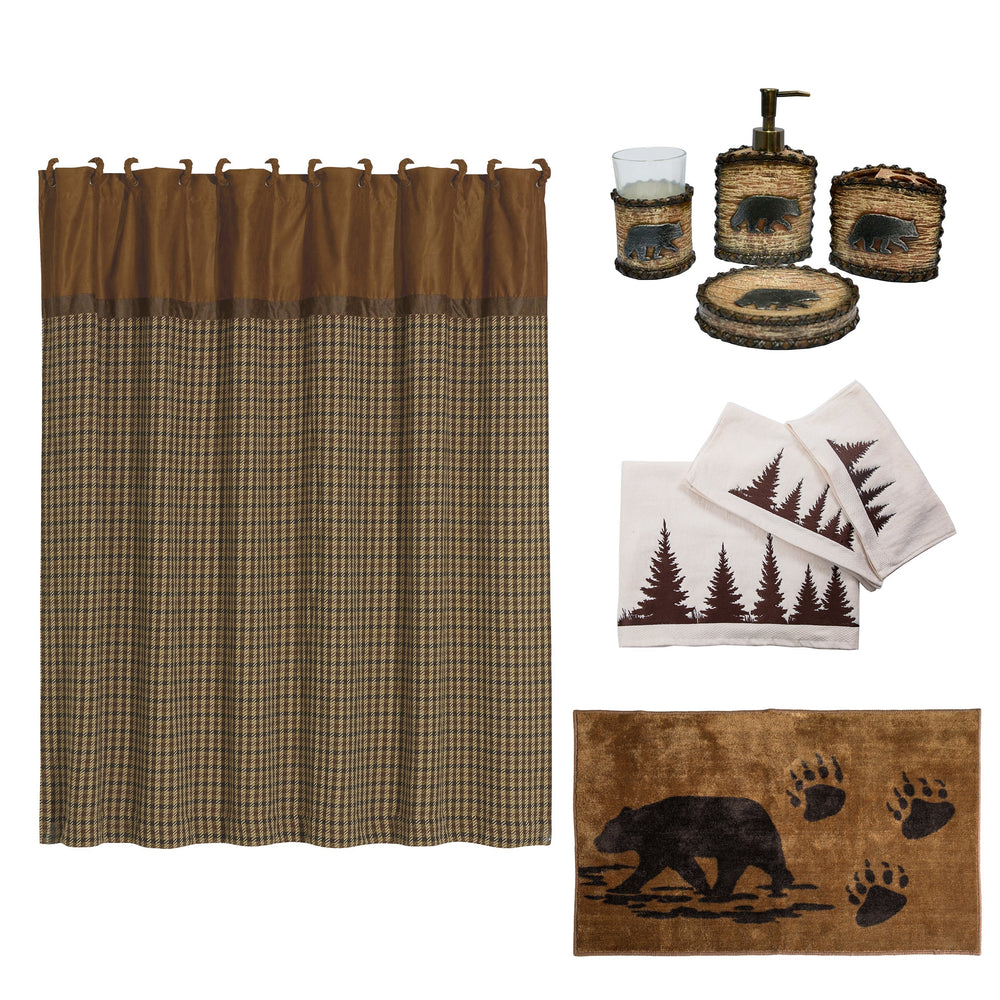 HiEnd Accents Lodge Bear Bathroom Sets LF1810  Materials: Shower Curtain 100% Polyester; Towel Set: 100% Cotton; Bath Accessory Set: Resin; Bath Rug: 100% acrylic, latex backing. 72x72x0.3