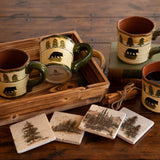 HiEnd Accents Rustic Bear Mug & Scenery Tree Coaster Set LF1810K2 Multi Color Mug: Ceramic; Coaster: Natural Travertine stone with cork backing 6.75x4.5x4.3
