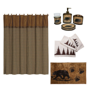 HiEnd Accents Lodge Bear Bathroom Sets LF1810  Materials: Shower Curtain 100% Polyester; Towel Set: 100% Cotton; Bath Accessory Set: Resin; Bath Rug: 100% acrylic, latex backing. 72x72x0.3