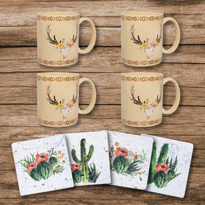 HiEnd Accents Desert Skull Bohemian Mug & Cactus Blooms Coaster Set LF1812K2 Tan, White Mug: Ceramic; Coaster: Natural Travertine stone with cork backing 