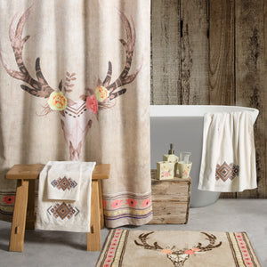 HiEnd Accents Desert Skull Bohemian Bathroom Lifestyle Set LF1812  Materials: Shower Curtain: 100% Polyester; Towel Set:  95% cotton/5% polyester; Bath Accessory Set: Resin/Glass; Bath Rug: 100% acrylic, latex backing. 