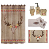 HiEnd Accents Desert Skull Bohemian Bathroom Lifestyle Set LF1812  Materials: Shower Curtain: 100% Polyester; Towel Set:  95% cotton/5% polyester; Bath Accessory Set: Resin/Glass; Bath Rug: 100% acrylic, latex backing. 