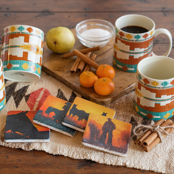 HiEnd Accents Pueblo Aztec Mug & Cowboy Sunset Coaster Set LF1813K3 Multi-color Mug: Ceramic; Coaster: Natural Travertine stone with cork backing 