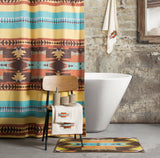 HiEnd Accents Mesa Southwestern Bathroom Sets LF1813  Materials: Shower Curtain: 100% Polyester; Towel Set:  95% cotton/5% polyester; Bath Accessory Set: Resin/Glass; Bath Rug: 100% acrylic, latex backing. 