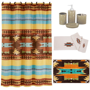 HiEnd Accents Mesa Southwestern Bathroom Sets LF1813  Materials: Shower Curtain: 100% Polyester; Towel Set:  95% cotton/5% polyester; Bath Accessory Set: Resin/Glass; Bath Rug: 100% acrylic, latex backing. 