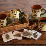 HiEnd Accents Moose Mug & Scenery Tree Coaster Set LF1820K1 Multi Color Ceramic Mugs; natural Travertine stone coasters w/ cork backing 6.75x4.5x4.4