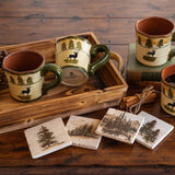 HiEnd Accents Deer Mug & Scenery Tree Coaster Set LF1830K1 Multi Color Ceramic Mugs; natural Travertine stone coasters w/ cork backing 6.75x4.5x4.5