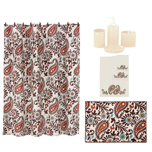 HiEnd Accents Rebecca Bathroom Sets LF1833  Shower Curtain: 100% Polyester; Bath Accessory Set 100% Resin; Bath Towel Set: 95% Cotton, 5% Polyester; Bath Rug: 100% Premium Acrylic with a Latex Backing. 