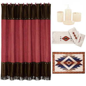 HiEnd Accents Savannah Cream Bathroom Lifestyle Set LF1835B1 Natural, Red Shower Curtain: 100% polyester; Towel Set: 100% cotton; Bathroom Set: Ceramic; Rug: 100% acrylic with anti-slip latex backing 