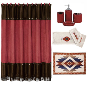 HiEnd Accents Del Sol Southwestern Bathroom Sets LF1835  Materials: Shower Curtain: 100% Polyester; Towel Set:  95% cotton/5% polyester; Bath Accessory Set: Resin/Glass; Bath Rug: 100% acrylic, latex backing. 