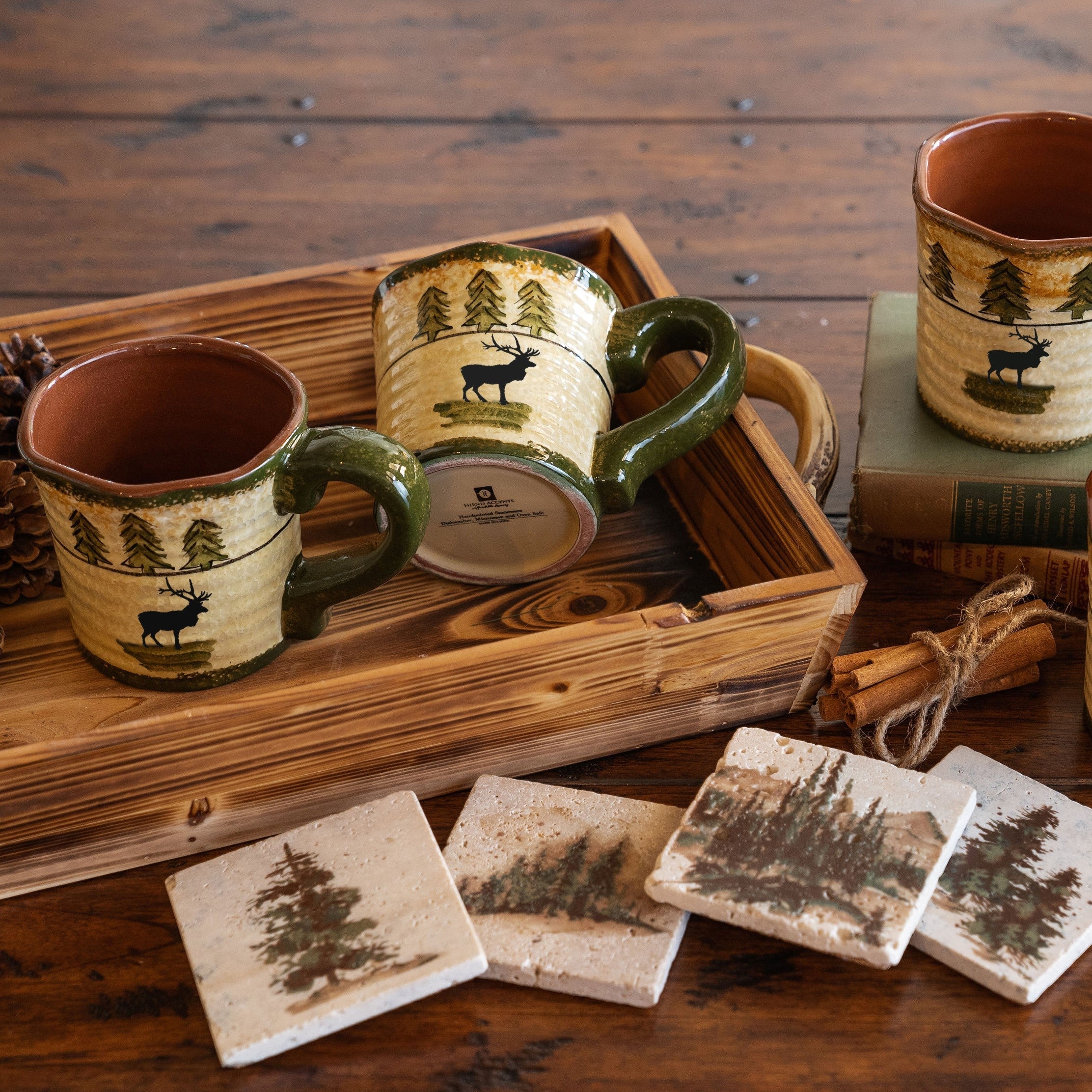HiEnd Accents Elk Rustic Mug & Scenery Tree Coaster Set