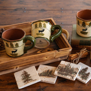 HiEnd Accents Elk Mug & Scenery Tree Coaster Set LF1840K1 Multi Color Ceramic Mugs; natural Travertine stone coasters w/ cork backing 6.75x4.5x4.6